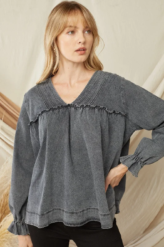 Ruffled V-Neck Top, Black