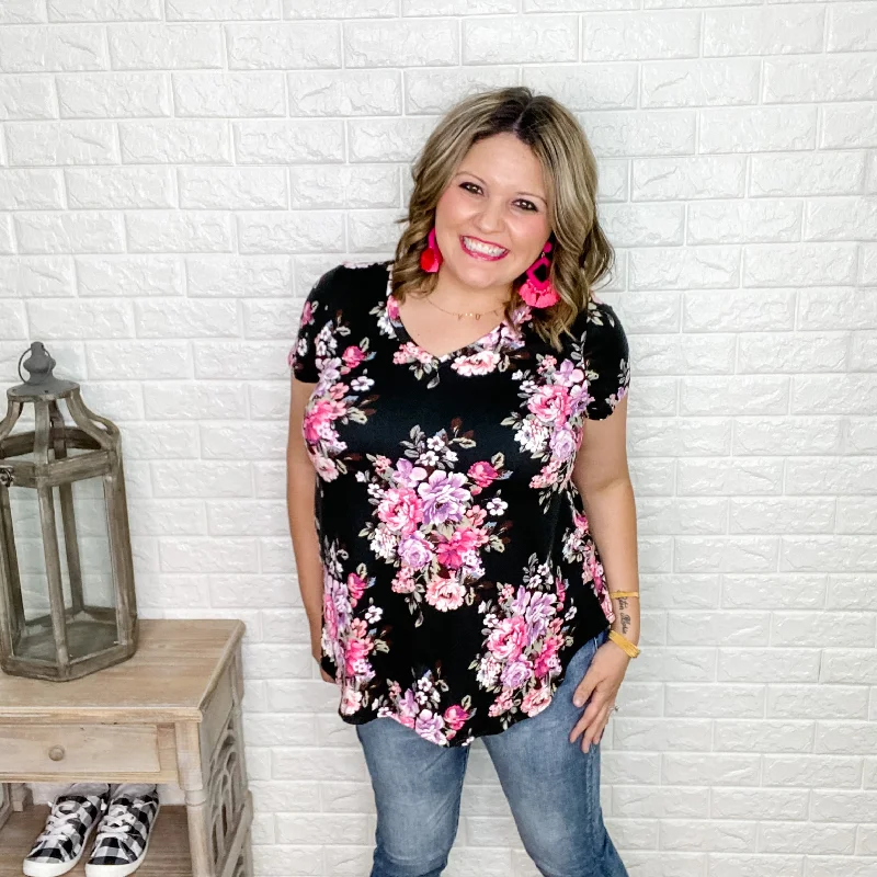 "Tanya" Floral V-Neck (Black/Pink)