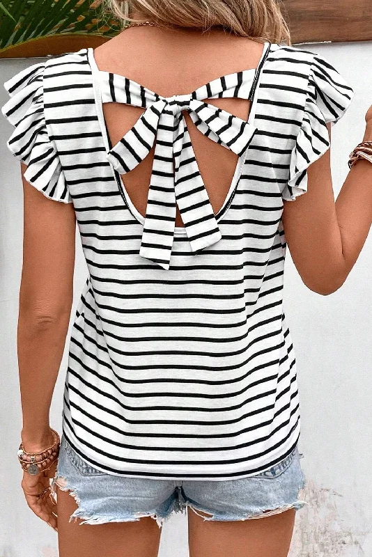 Tied Striped V-Neck Cap Sleeve Blouse