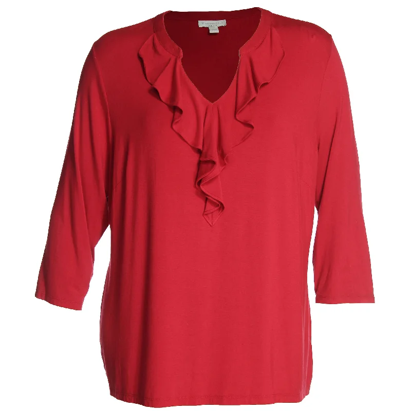 Charter Club Red 3/4 Sleeve Ruffled V-Neck Top