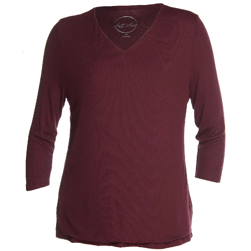 INC Burgundy Long Sleeve Ribbed Knit V-Neck Top