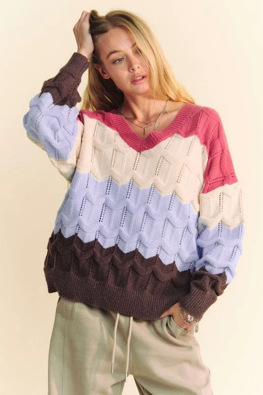 Mauve/Blue Wavy Texture Color Block V-Neck Sweater