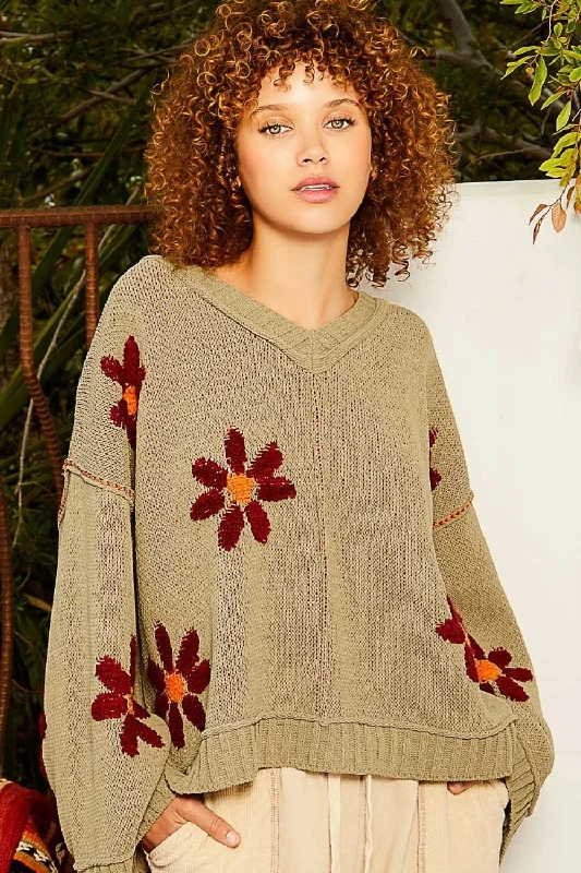 Olive V-Neck Floral Pattern Chenille Sweater