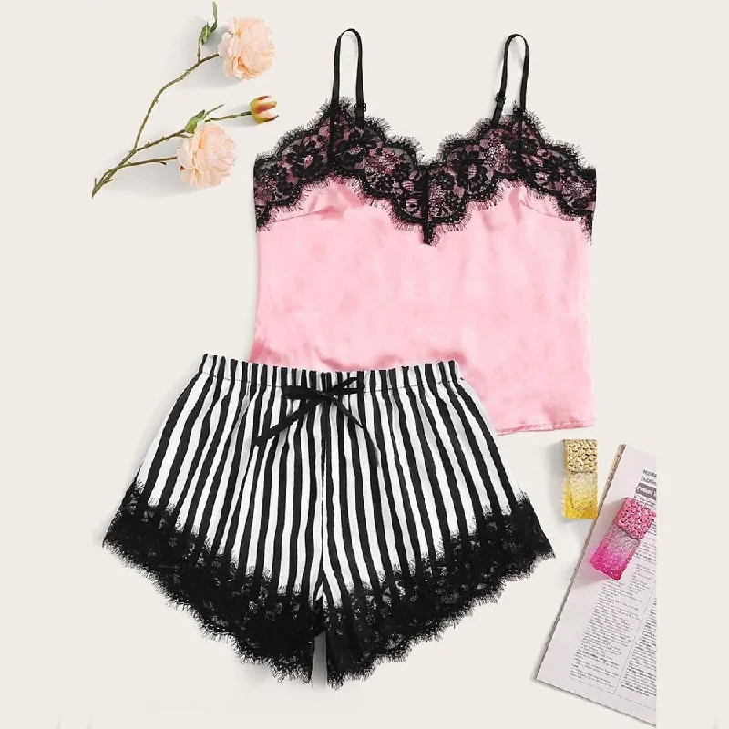 Sexy Women Striped Satin Silk Lace Sleepwear Lace Floral V Neck Sleeveless Lingerie Tops+Nightwear Shorts Women Pajamas Sets