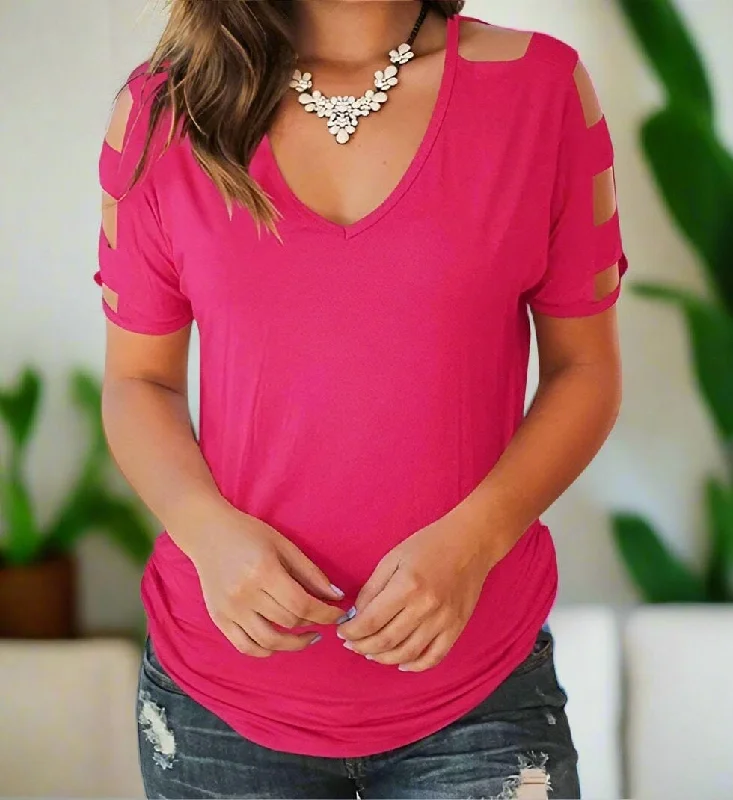 Womens Pink Cold Shoulder Shirt, Cut Out Sleeves, V-Neck Top, Sizes S/M/L, Fuchsia Pink