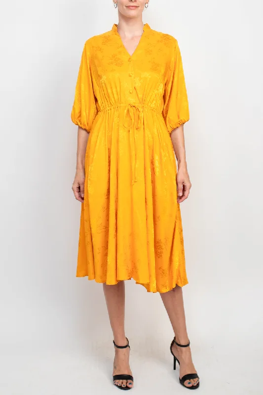 Studio One split neck balloon sleeve pullover button closure at front drawstring waist jacquard dress with pockets