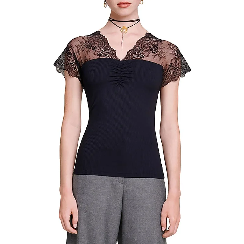 Maje Womens Lace Ribbed Pullover Top