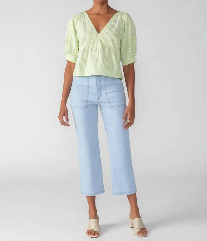 V-Neck Poplin Top In Green Energy/white Stripe