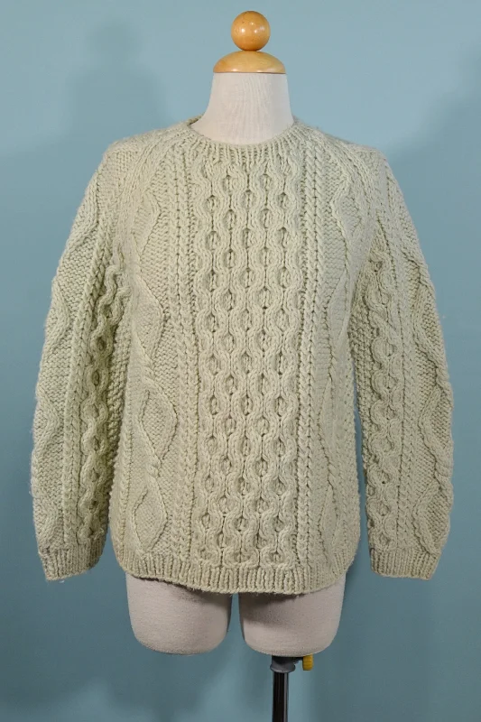 Vintage 60s Wool Hand Knit Sweater, Pale Green Cable Knit Pullover Sweater