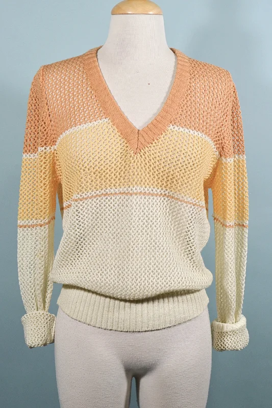 Vintage 70s Crochet V Neck Pullover, Peach/Yellow Stripe V Neck Sweater M