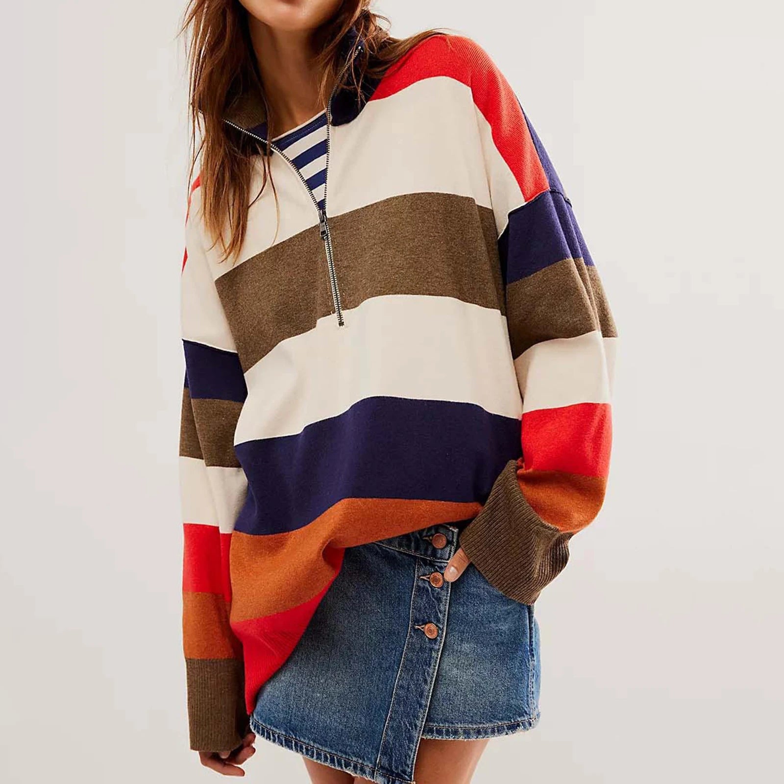 Bold Contrasting Stripe Half-Zip Pullover