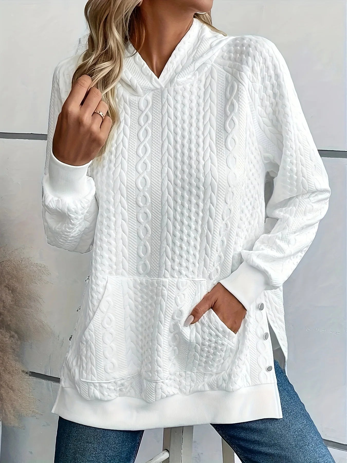 Chic Textured Pullover Hoodie for Curvy Women + Side Slits