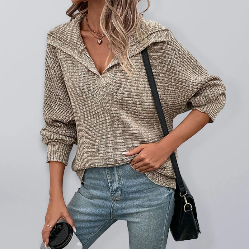 Notch Collar Knit Sweater - Drop Shoulders Pullovers