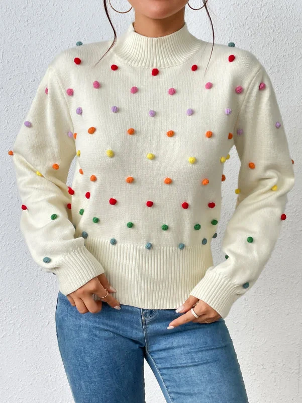 Women's Rainbow Pom Pom Sweater - Fashionable Knitwear Pullover